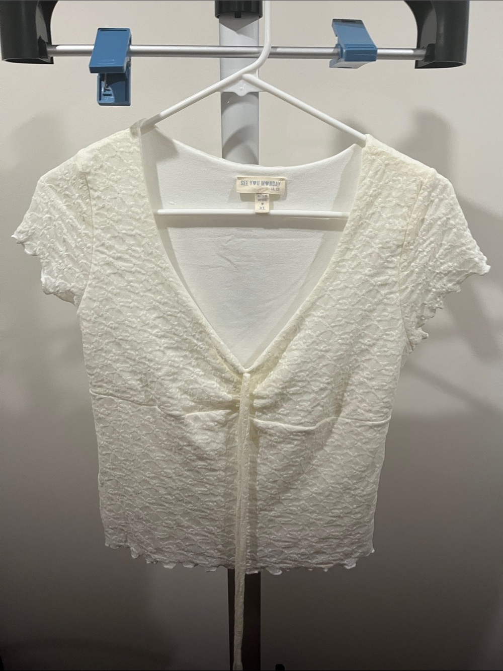 Cream Lace Tie-Front Short Sleeve Crop Top